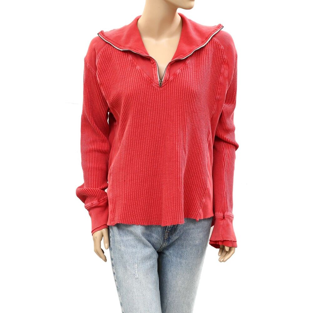 Free People FP One Ashton Zip Thermal Blouses Top Long Sleeve Cotton XL 286223